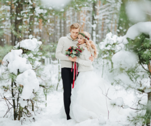 Image of couple that is standing for winter wedding photos. 